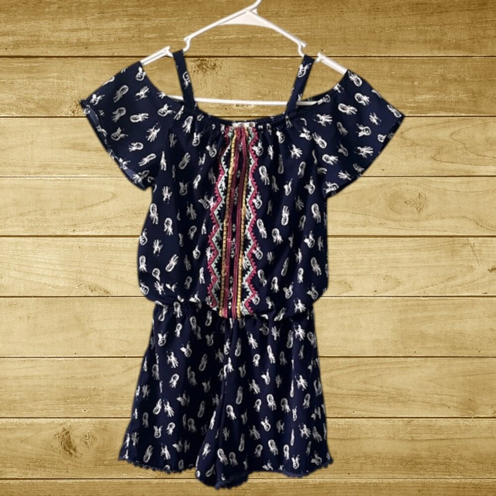 Jessica Simpson Girls Navy Pineapple Print Off-Shoulder Romper - Size Large